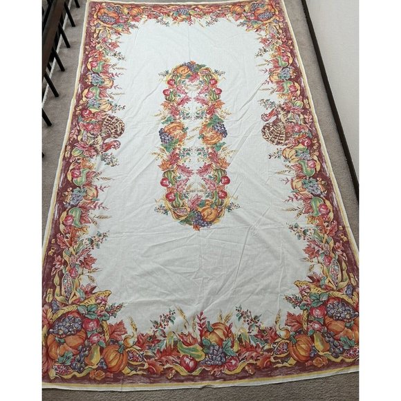 Vintage Woven Cotton Thanksgiving Screen Print Banquet Tablecloth SPECTACULAR - Picture 1 of 10